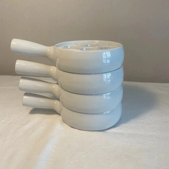 4 pc Escargot Snail Dishes 6 Hole White Porcelain with Handle 7 3/4 in - Picture 5 of 8